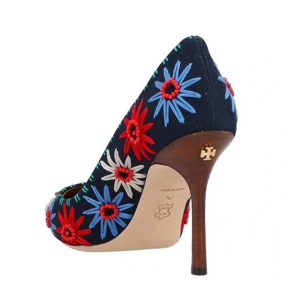 Tory Burch Navy Heels with Floral Embroidery - Picture 5 of 10
